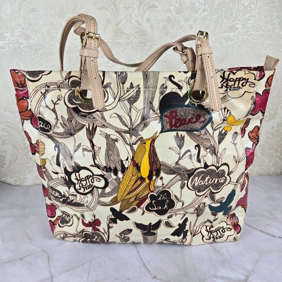 Sakroots Colorful Bird & Word Graphics PVC Tote Bag Adjustable Double Handles - Picture 1 of 16